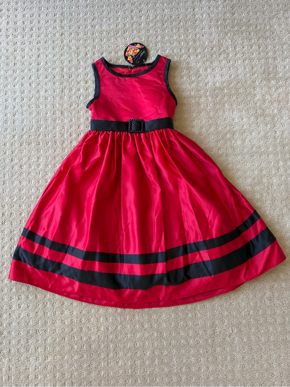 NWT Sugarplum Girls’ Red Satin Fit-and-Flare Dress with Black Trim, Size 6X